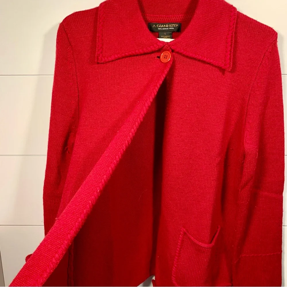 A. Giannetti Cardigan‎ Sweater Women Sz L Red 100% Merino Wool Collar Christmas - Picture 7 of 12